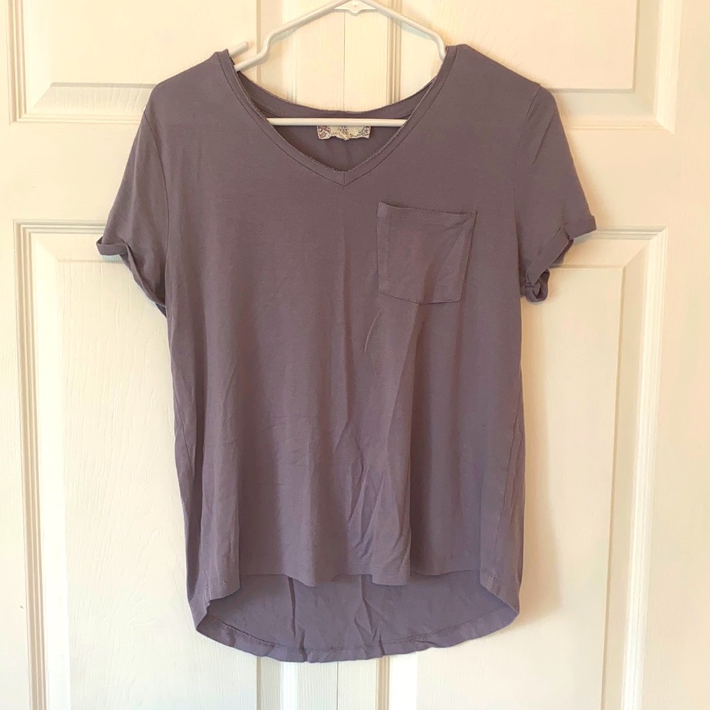 purple v-neck top with pocket